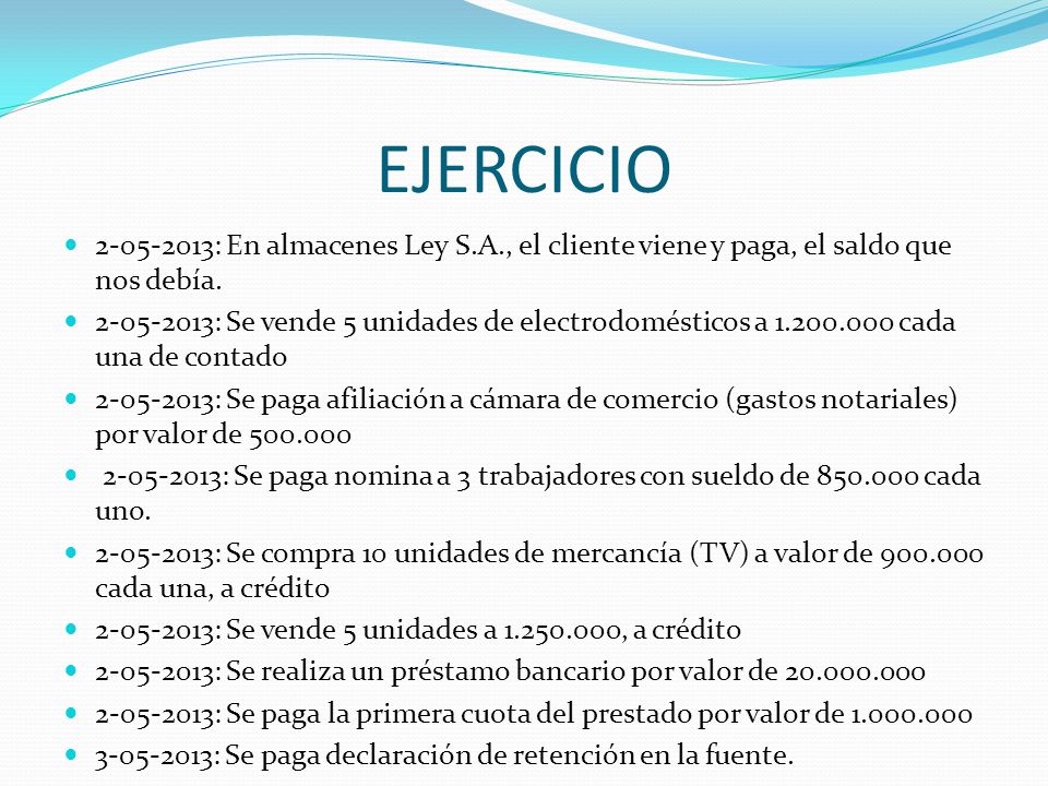 EJERCICIO : En almacenes Ley S.A., el cliente viene y paga, el saldo que nos debía.