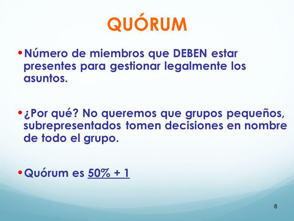 QUÓRUM Número de miembros que DEBEN estar presentes para gestionar legalmente los asuntos.