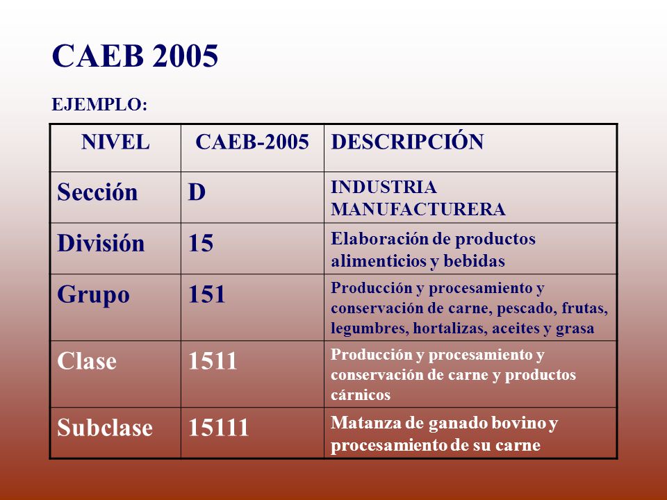 CAEB 2005 Sección D División 15 Grupo 151 Clase 1511 Subclase 15111