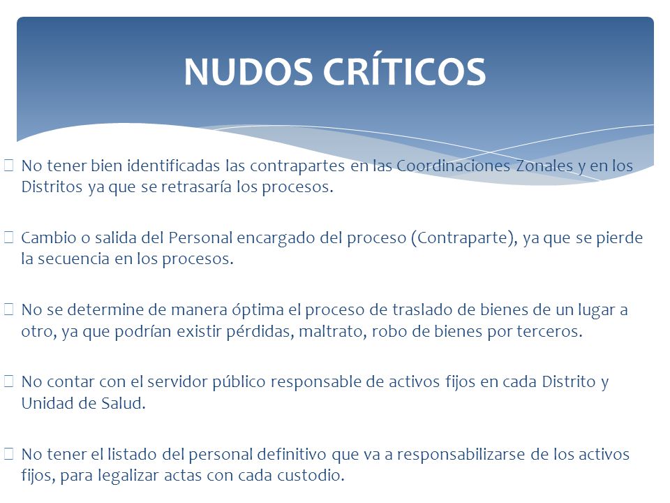 NUDOS CRÍTICOS No tener bien identificadas las contrapartes en las Coordinaciones Zonales y en los Distritos ya que se retrasaría los procesos.