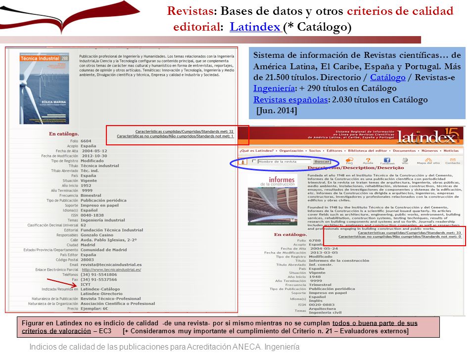Revistas: Bases de datos y otros criterios de calidad editorial: Latindex (* Catálogo)
