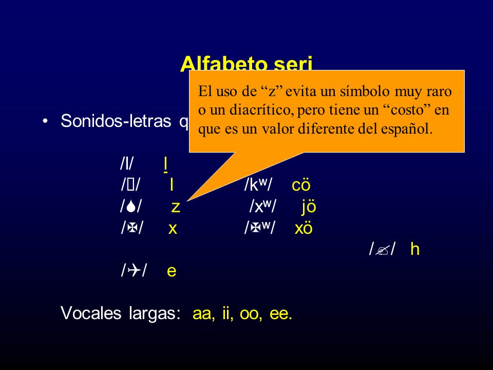 Alfabeto seri El uso de z evita un símbolo muy raro o un diacrítico, pero tiene un costo en que es un valor diferente del español.