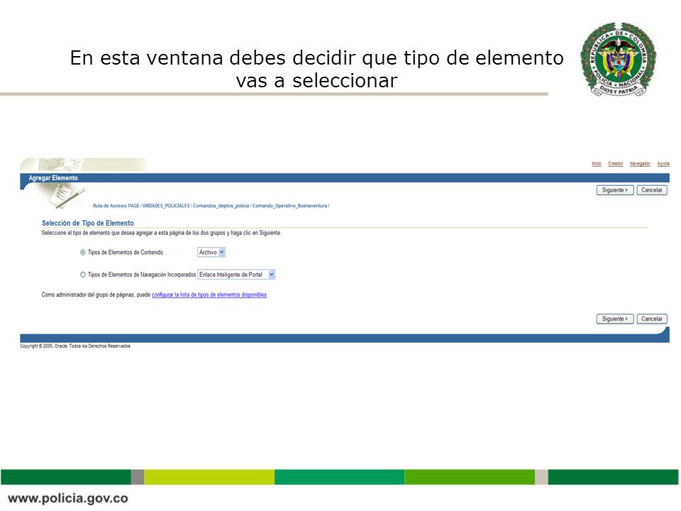 En esta ventana debes decidir que tipo de elemento