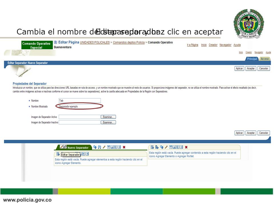 Cambia el nombre del separador y haz clic en aceptar