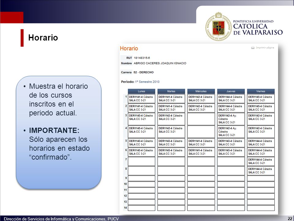Horario Muestra el horario de los cursos inscritos en el periodo actual. IMPORTANTE: Sólo aparecen los horarios en estado confirmado .