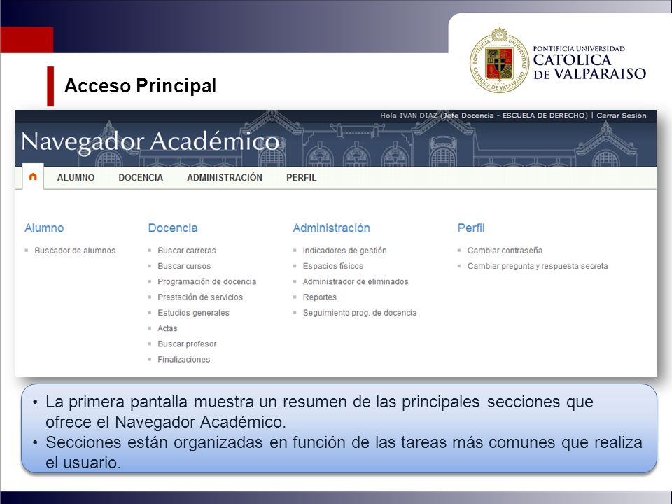 Acceso Principal La primera pantalla muestra un resumen de las principales secciones que ofrece el Navegador Académico.