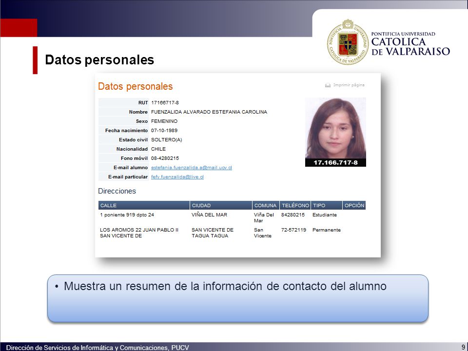 Datos personales Muestra un resumen de la información de contacto del alumno.