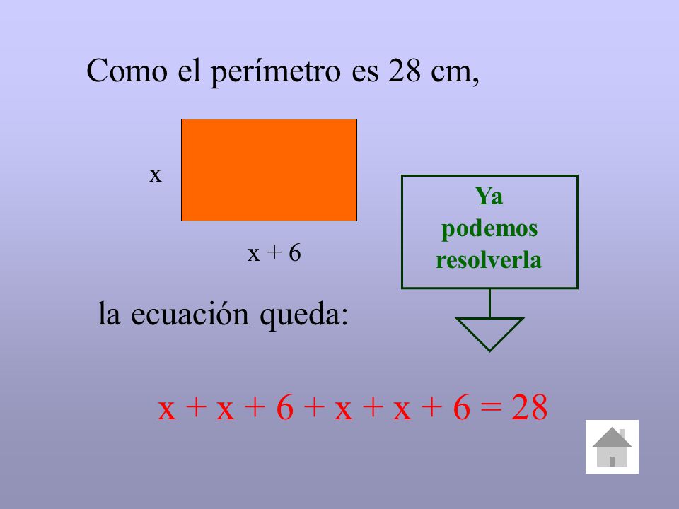 x + x x + x + 6 = 28 Como el perímetro es 28 cm,