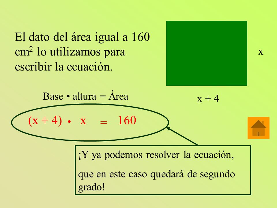 El dato del área igual a 160 cm2 lo utilizamos para escribir la ecuación.