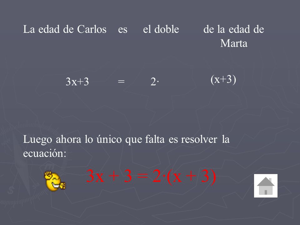 3x + 3 = 2·(x + 3) La edad de Carlos es el doble de la edad de Marta