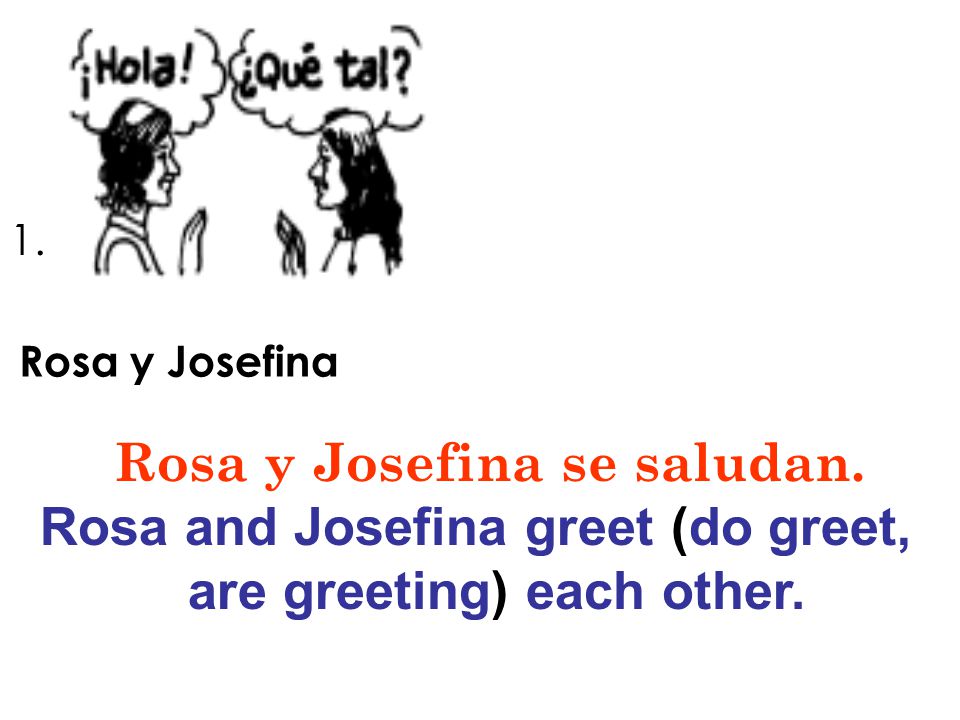Rosa y Josefina se saludan. Rosa and Josefina greet (do greet,