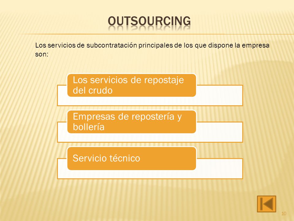 Outsourcing Los servicios de subcontratación principales de los que dispone la empresa son: Los servicios de repostaje del crudo.