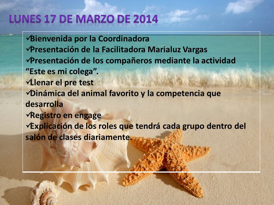 Lunes 17 de marzo de 2014 Bienvenida por la Coordinadora