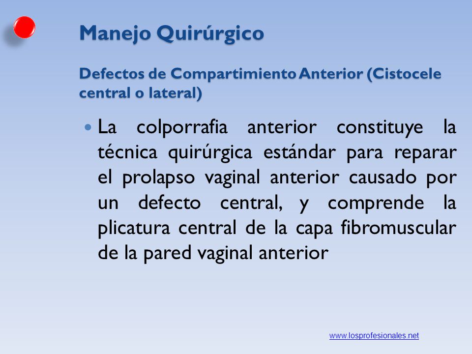 Manejo Quirúrgico Defectos de Compartimiento Anterior (Cistocele central o lateral)