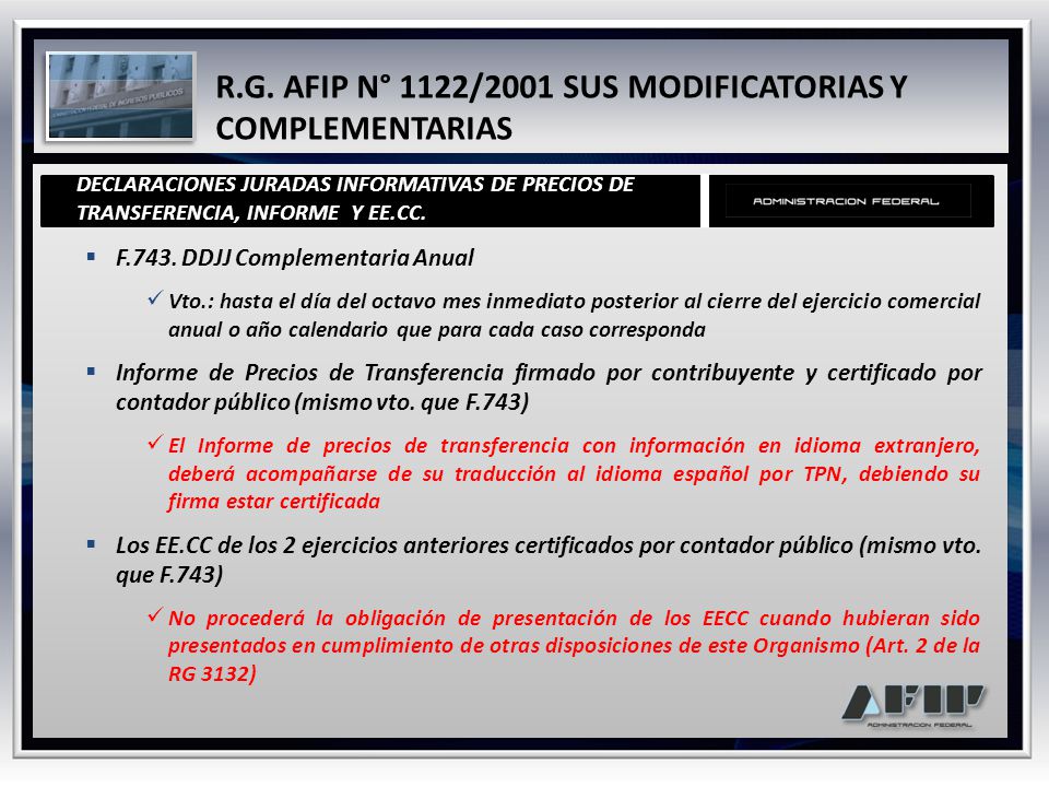 R.G. AFIP N° 1122/2001 SUS MODIFICATORIAS Y COMPLEMENTARIAS