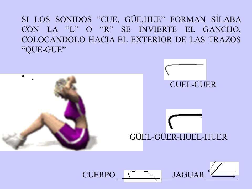 SI LOS SONIDOS CUE, GÜE,HUE FORMAN SÍLABA CON LA L O R SE INVIERTE EL GANCHO, COLOCÁNDOLO HACIA EL EXTERIOR DE LAS TRAZOS QUE-GUE