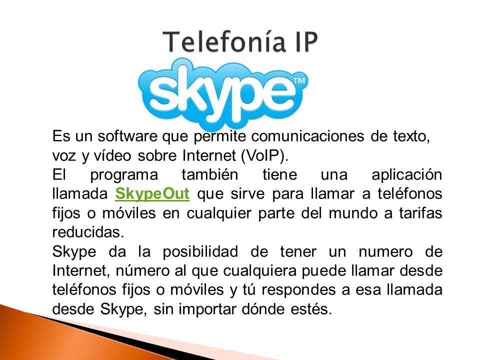 Telefonía IP Es un software que permite comunicaciones de texto, voz y vídeo sobre Internet (VoIP).