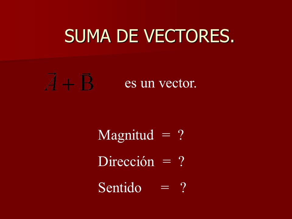 SUMA DE VECTORES. es un vector. Magnitud = Dirección = Sentido =