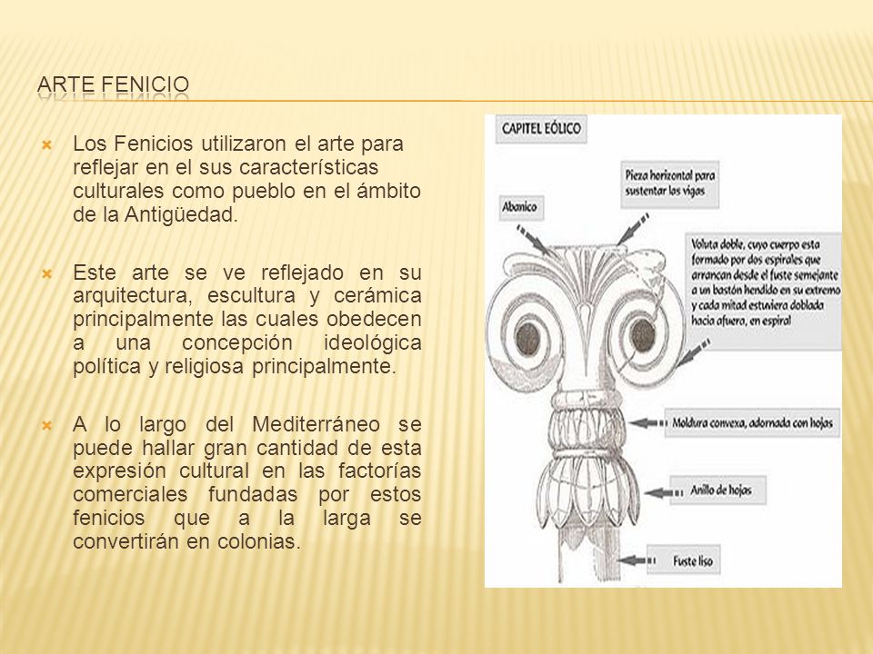 ARTE fenicio Los Fenicios utilizaron el arte para reflejar en el sus características culturales como pueblo en el ámbito de la Antigüedad.