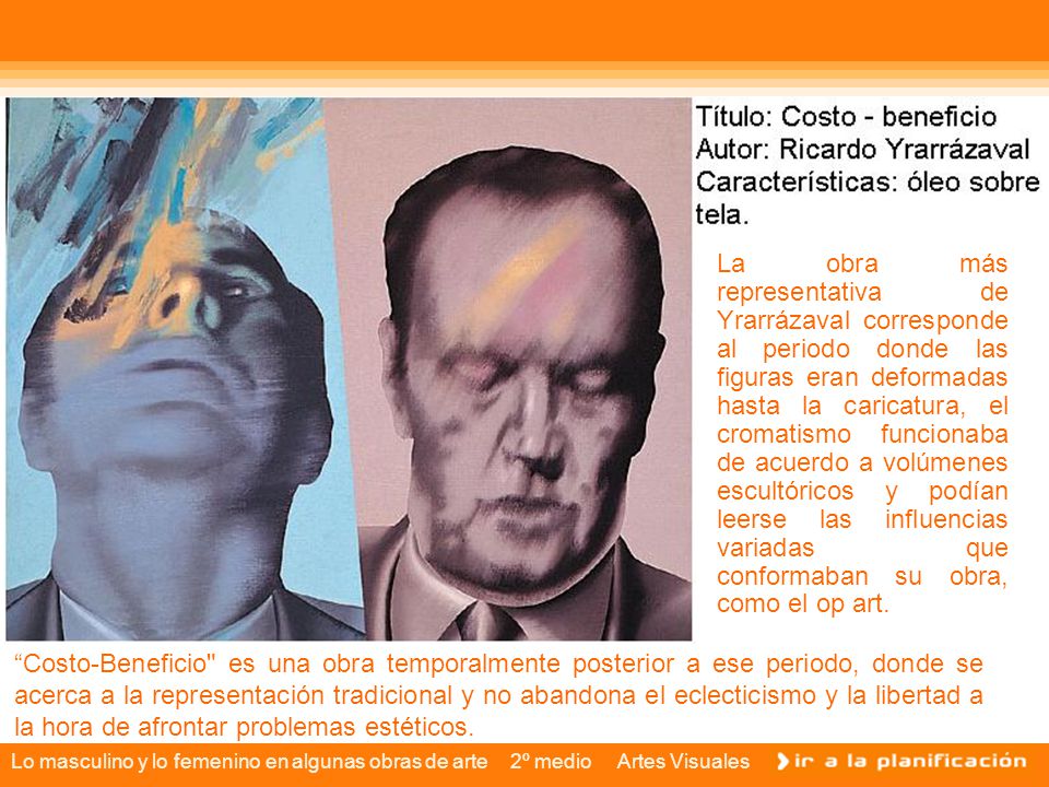 La obra más representativa de Yrarrázaval corresponde al periodo donde las figuras eran deformadas hasta la caricatura, el cromatismo funcionaba de acuerdo a volúmenes escultóricos y podían leerse las influencias variadas que conformaban su obra, como el op art.