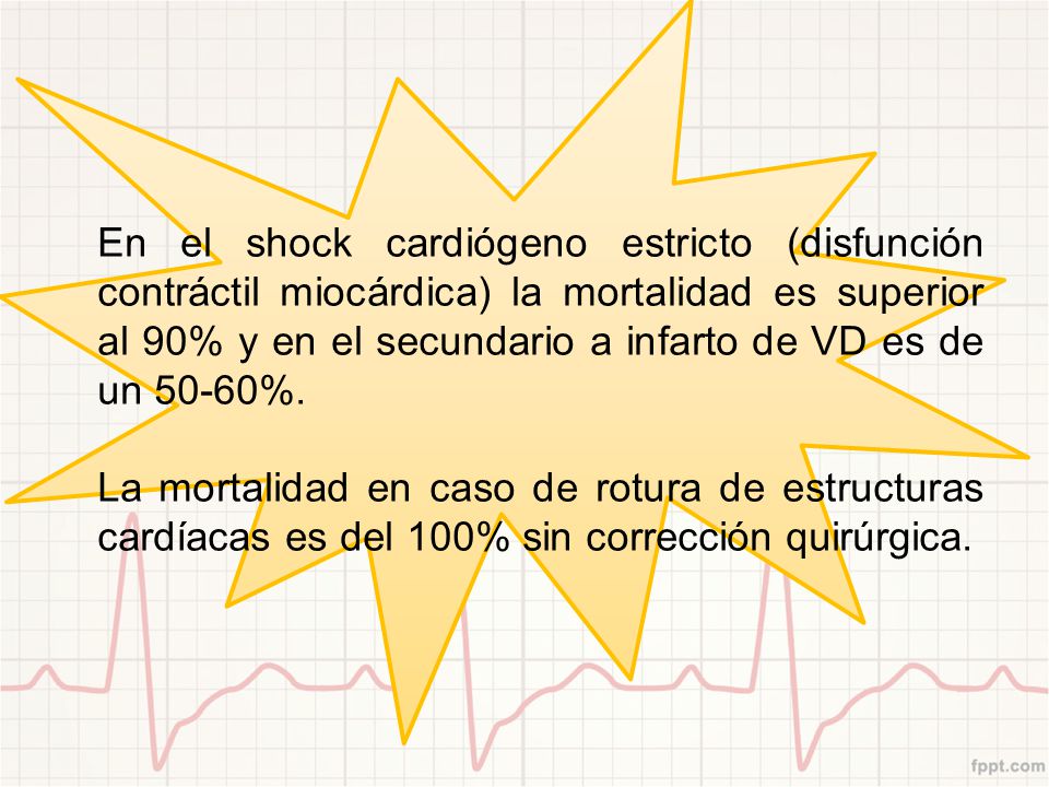 En el shock cardiógeno estricto (disfunción contráctil miocárdica) la mortalidad es superior al 90% y en el secundario a infarto de VD es de un 50-60%.