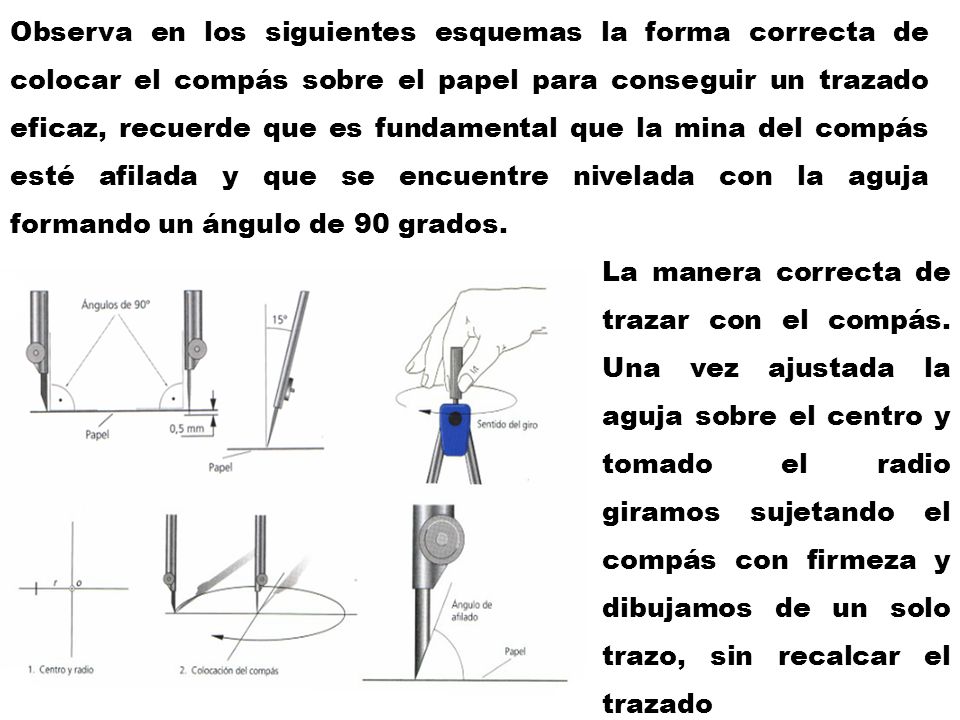 Observa en los siguientes esquemas la forma correcta de colocar el compás sobre el papel para conseguir un trazado eficaz, recuerde que es fundamental que la mina del compás esté afilada y que se encuentre nivelada con la aguja formando un ángulo de 90 grados.