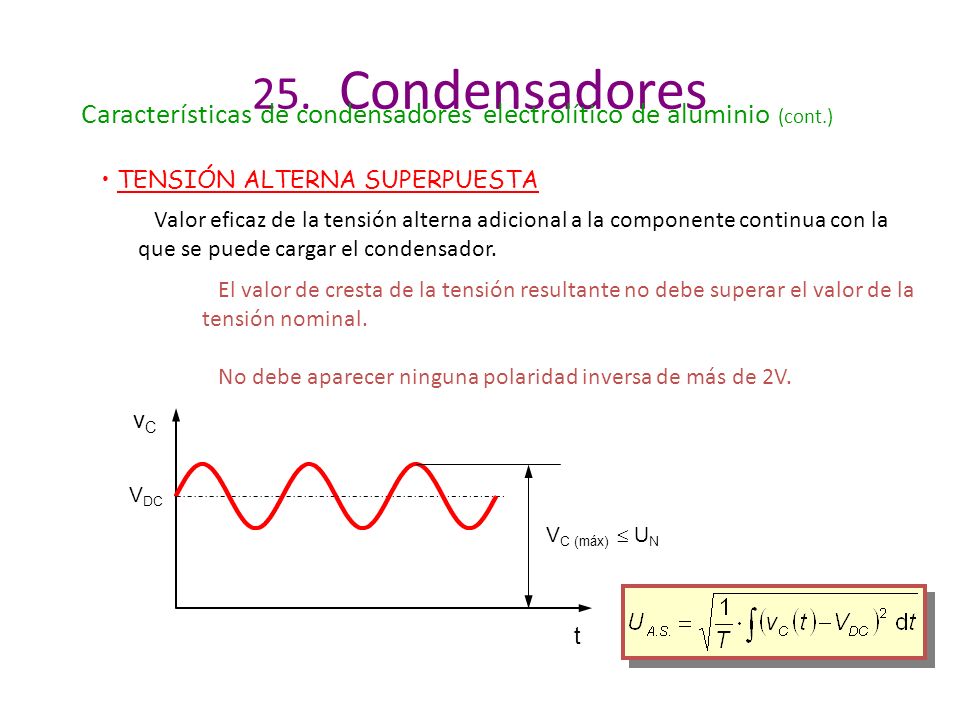 25. Condensadores Características de condensadores electrolítico de aluminio (cont.) TENSIÓN ALTERNA SUPERPUESTA.