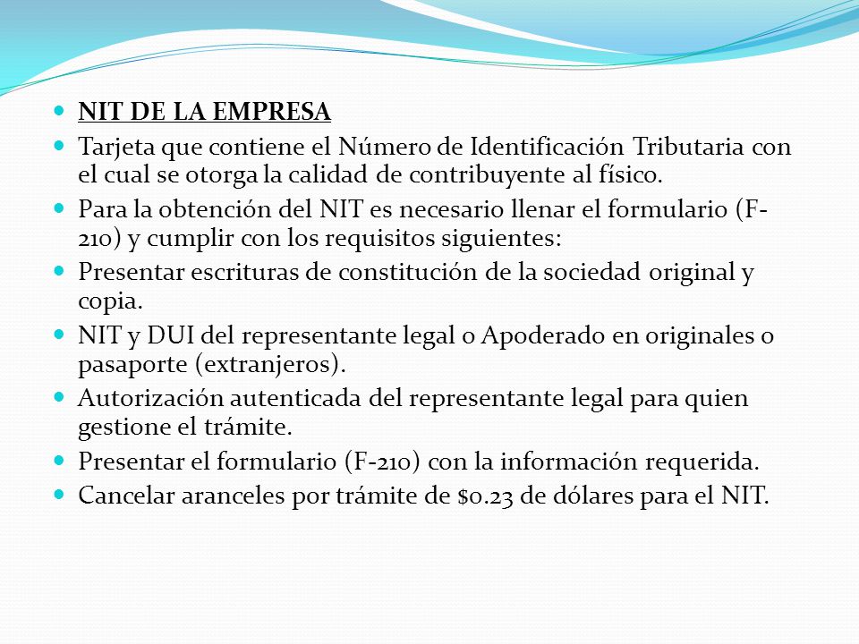 NIT DE LA EMPRESA Tarjeta que contiene el Número de Identificación Tributaria con el cual se otorga la calidad de contribuyente al físico.