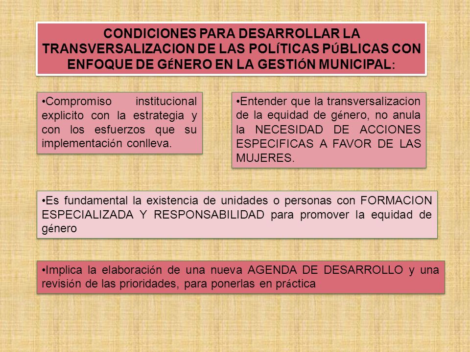 CONDICIONES PARA DESARROLLAR LA TRANSVERSALIZACION DE LAS POLÍTICAS PÚBLICAS CON ENFOQUE DE GÉNERO EN LA GESTIÓN MUNICIPAL:
