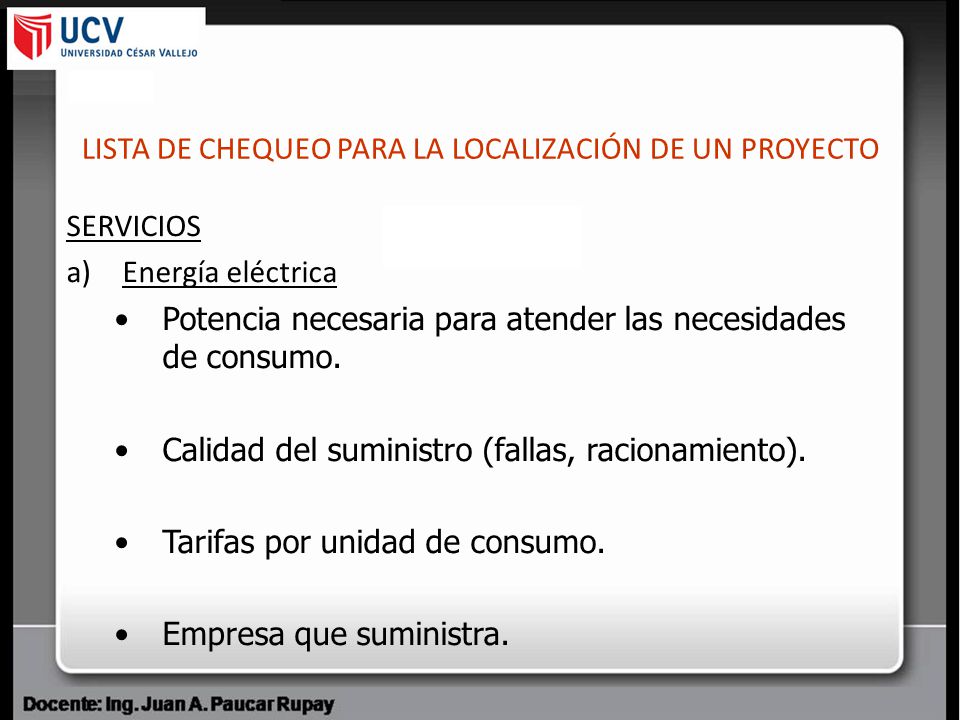 LISTA DE CHEQUEO PARA LA LOCALIZACIÓN DE UN PROYECTO