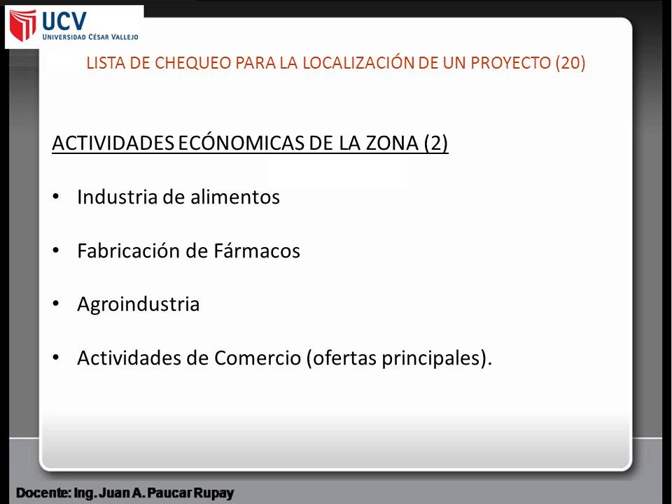LISTA DE CHEQUEO PARA LA LOCALIZACIÓN DE UN PROYECTO (20)