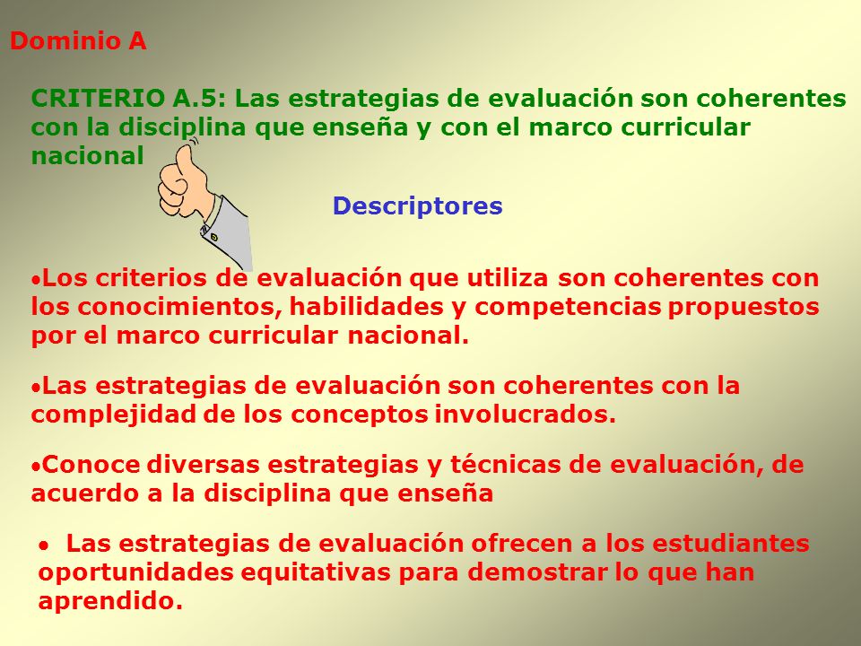 Dominio A CRITERIO A.5: Las estrategias de evaluación son coherentes. con la disciplina que enseña y con el marco curricular.