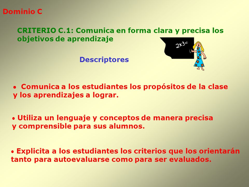 Dominio C CRITERIO C.1: Comunica en forma clara y precisa los. objetivos de aprendizaje. Descriptores.