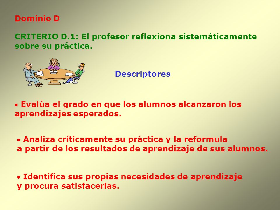 Dominio D CRITERIO D.1: El profesor reflexiona sistemáticamente. sobre su práctica. Descriptores.