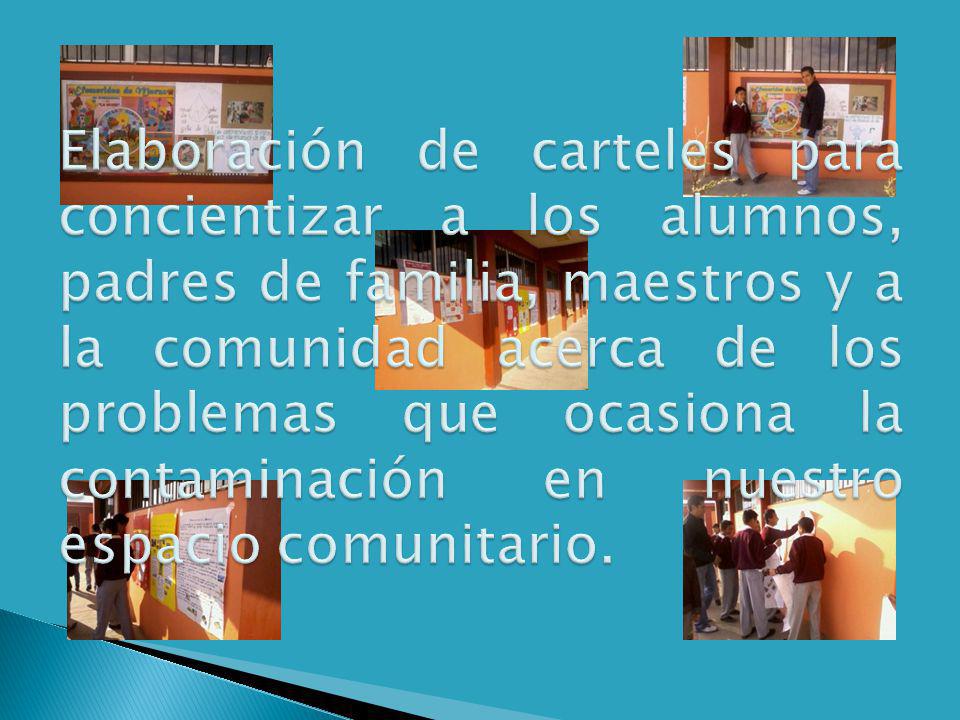 Elaboración de carteles para concientizar a los alumnos, padres de familia, maestros y a la comunidad acerca de los problemas que ocasiona la contaminación en nuestro espacio comunitario.
