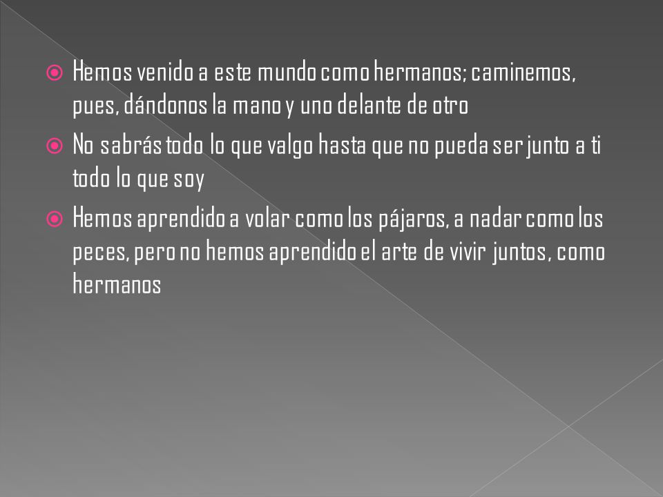 Hemos venido a este mundo como hermanos; caminemos, pues, dándonos la mano y uno delante de otro