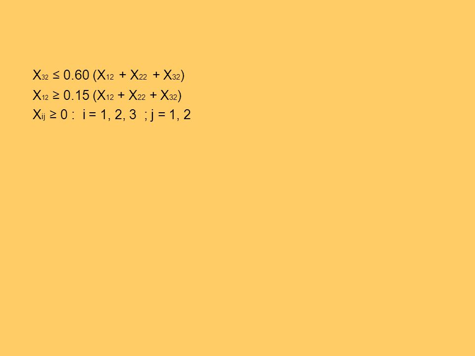 X32 ≤ 0.60 (X12 + X22 + X32) X12 ≥ 0.15 (X12 + X22 + X32) Xij ≥ 0 : i = 1, 2, 3 ; j = 1, 2