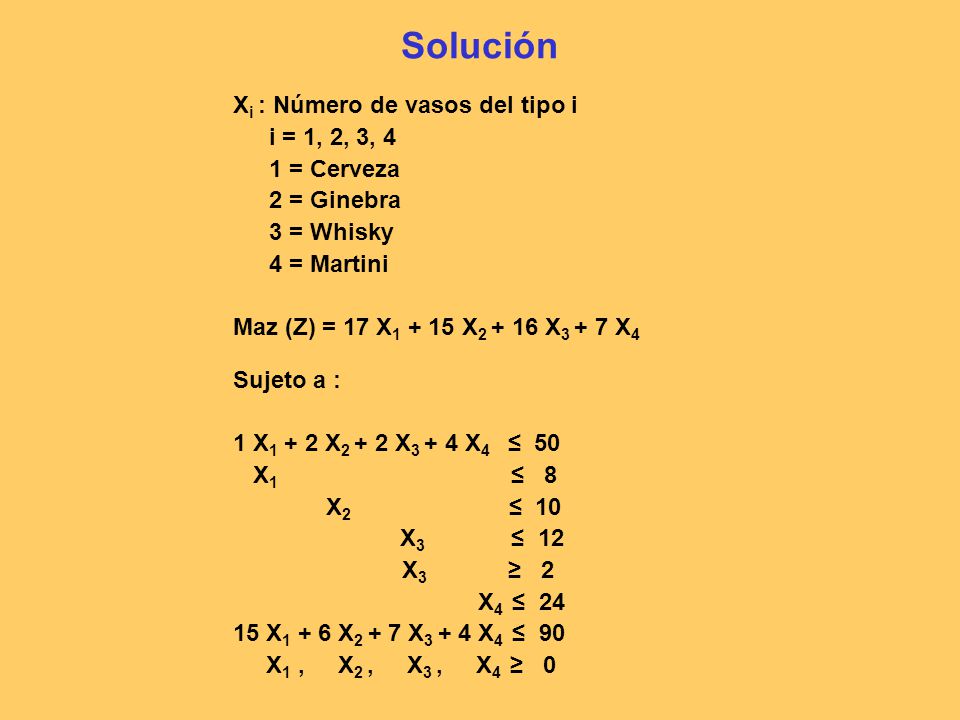 Solución Xi : Número de vasos del tipo i i = 1, 2, 3, 4 1 = Cerveza