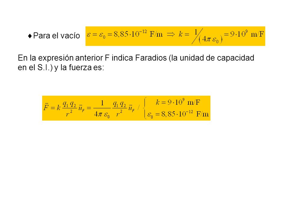Para el vacío En la expresión anterior F indica Faradios (la unidad de capacidad.