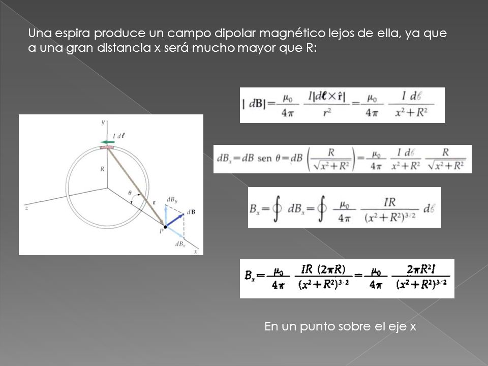 Una espira produce un campo dipolar magnético lejos de ella, ya que a una gran distancia x será mucho mayor que R: