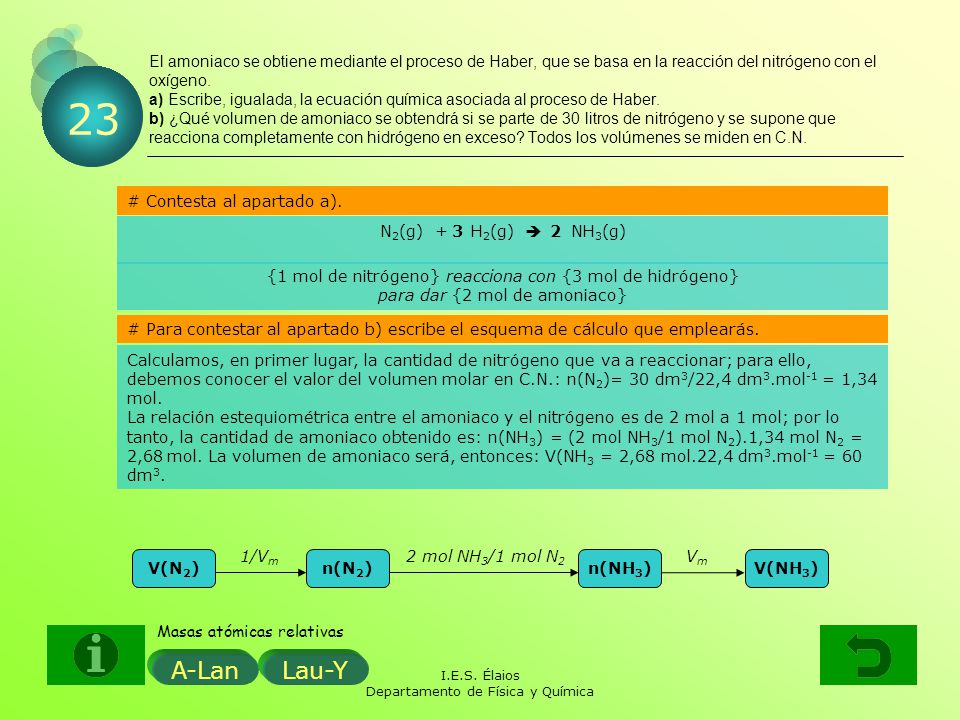 El amoniaco se obtiene mediante el proceso de Haber, que se basa en la reacción del nitrógeno con el oxígeno. a) Escribe, igualada, la ecuación química asociada al proceso de Haber. b) ¿Qué volumen de amoniaco se obtendrá si se parte de 30 litros de nitrógeno y se supone que reacciona completamente con hidrógeno en exceso Todos los volúmenes se miden en C.N.