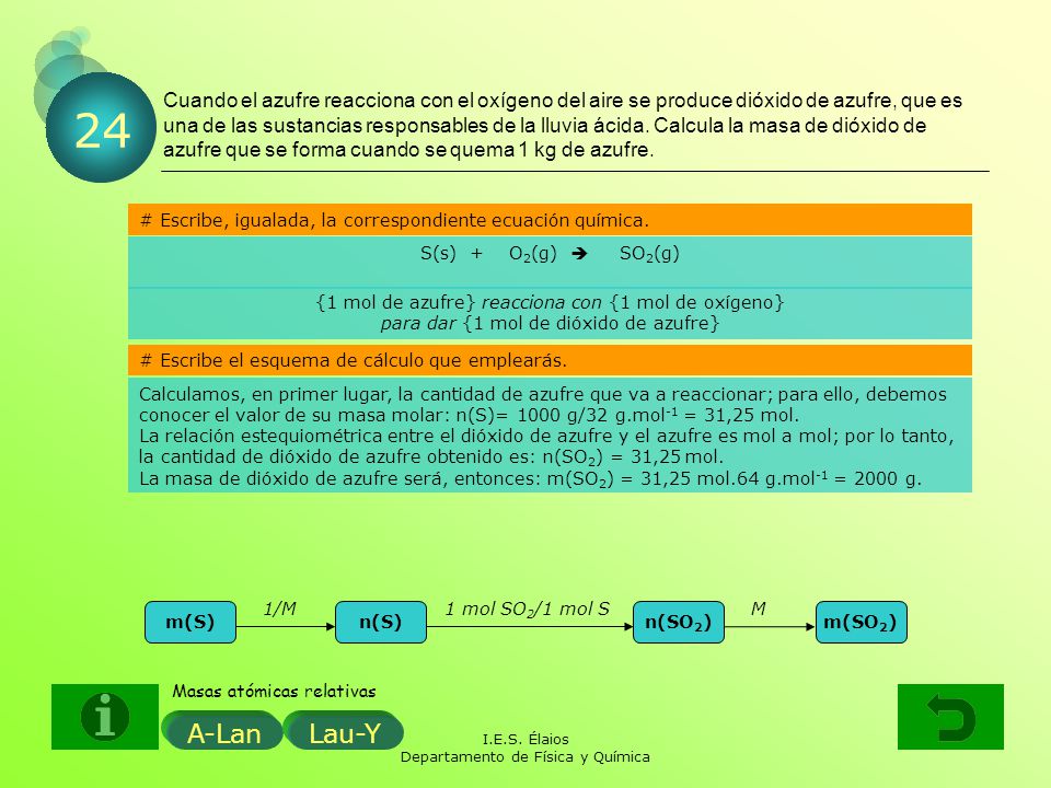 Cuando el azufre reacciona con el oxígeno del aire se produce dióxido de azufre, que es una de las sustancias responsables de la lluvia ácida. Calcula la masa de dióxido de azufre que se forma cuando se quema 1 kg de azufre.