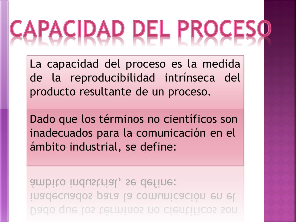 Capacidad del proceso La capacidad del proceso es la medida de la reproducibilidad intrínseca del producto resultante de un proceso.