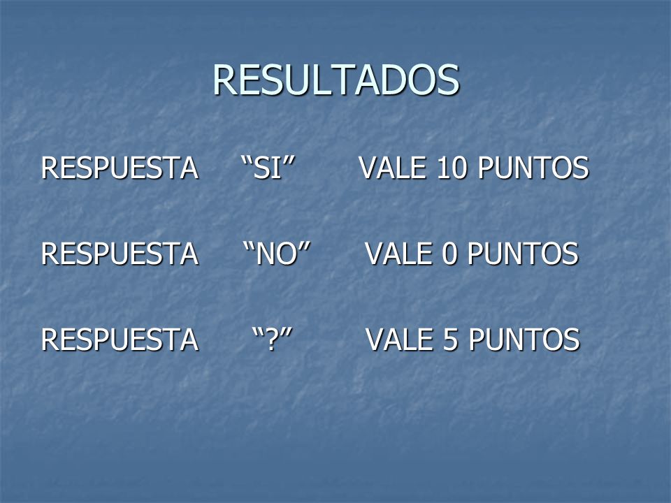 RESULTADOS RESPUESTA SI VALE 10 PUNTOS RESPUESTA NO VALE 0 PUNTOS