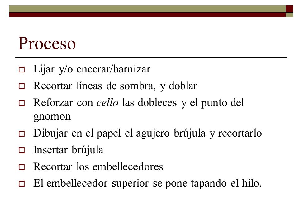 Proceso Lijar y/o encerar/barnizar Recortar líneas de sombra, y doblar