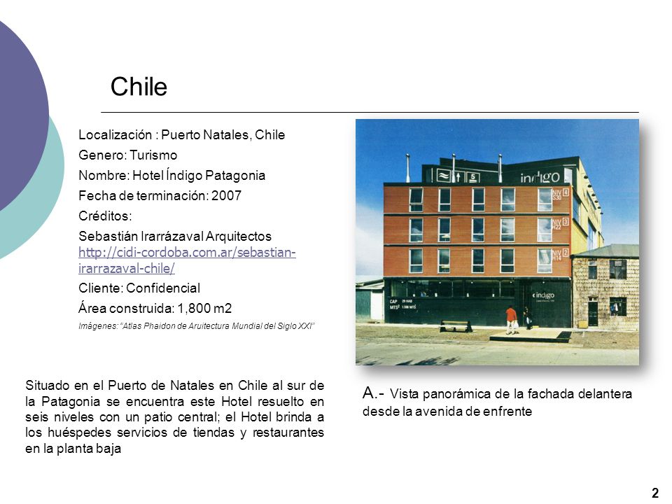 Chile Localización : Puerto Natales, Chile. Genero: Turismo. Nombre: Hotel Índigo Patagonia. Fecha de terminación: