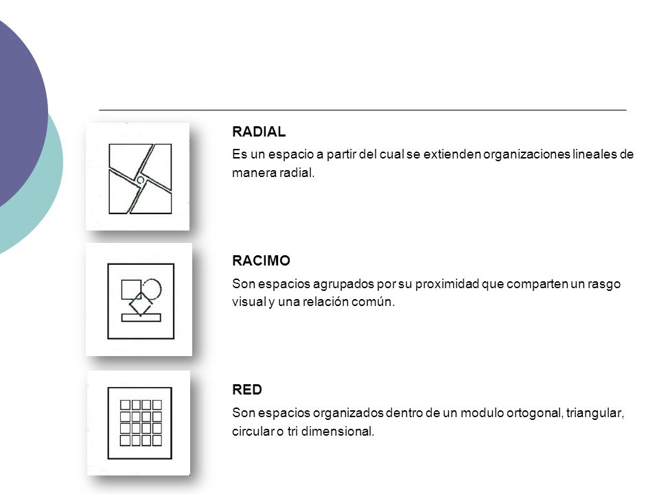 RADIAL Es un espacio a partir del cual se extienden organizaciones lineales de manera radial. RACIMO.