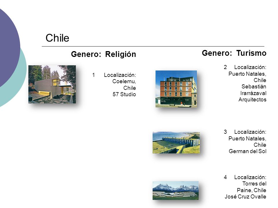 Chile Genero: Religión Genero: Turismo 2 Localización: 1 Localización: