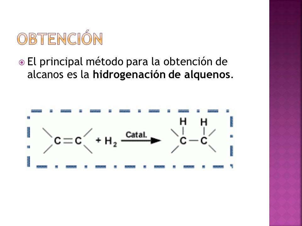 Obtención El principal método para la obtención de alcanos es la hidrogenación de alquenos.