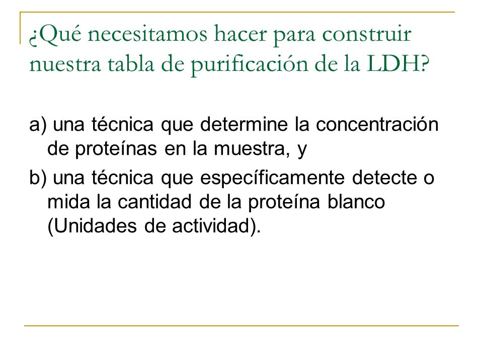 ¿Qué necesitamos hacer para construir nuestra tabla de purificación de la LDH